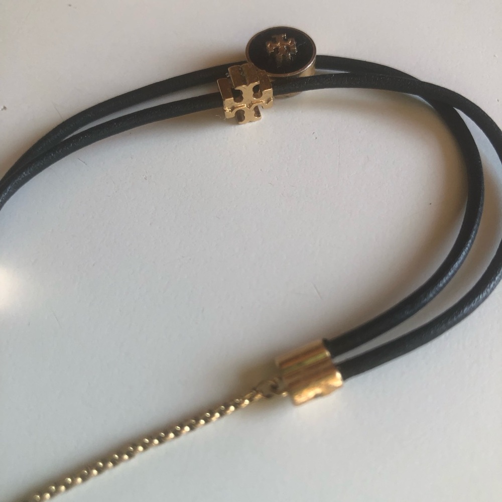 Tory Burch Black Double-Strand Leather Bracelet with Gold Logo Accents